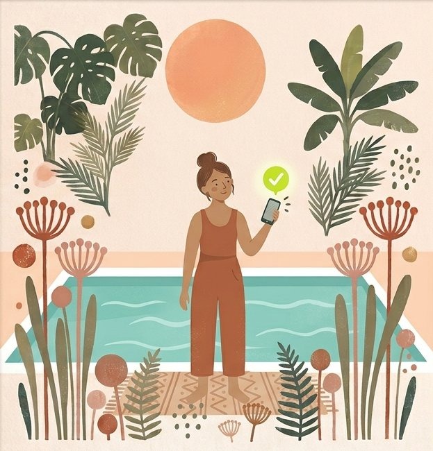 The same owner calmly checking one phone with a green check mark beside a clear pool