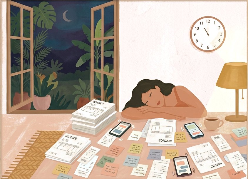 An exhausted owner asleep at her kitchen table at midnight, surrounded by invoices, sticky notes and buzzing phones