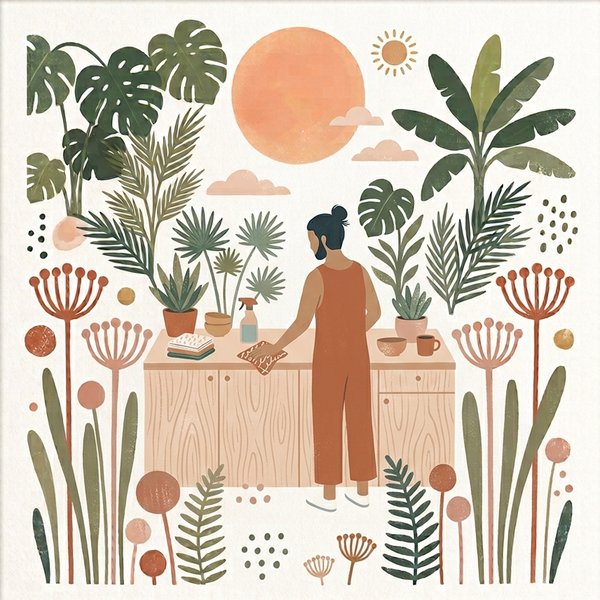 A cleaner wiping down a kitchen counter surrounded by plants