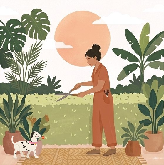 A landscaper trimming a hedge in a tropical garden