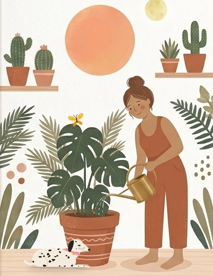 A woman watering a full, lush monstera plant