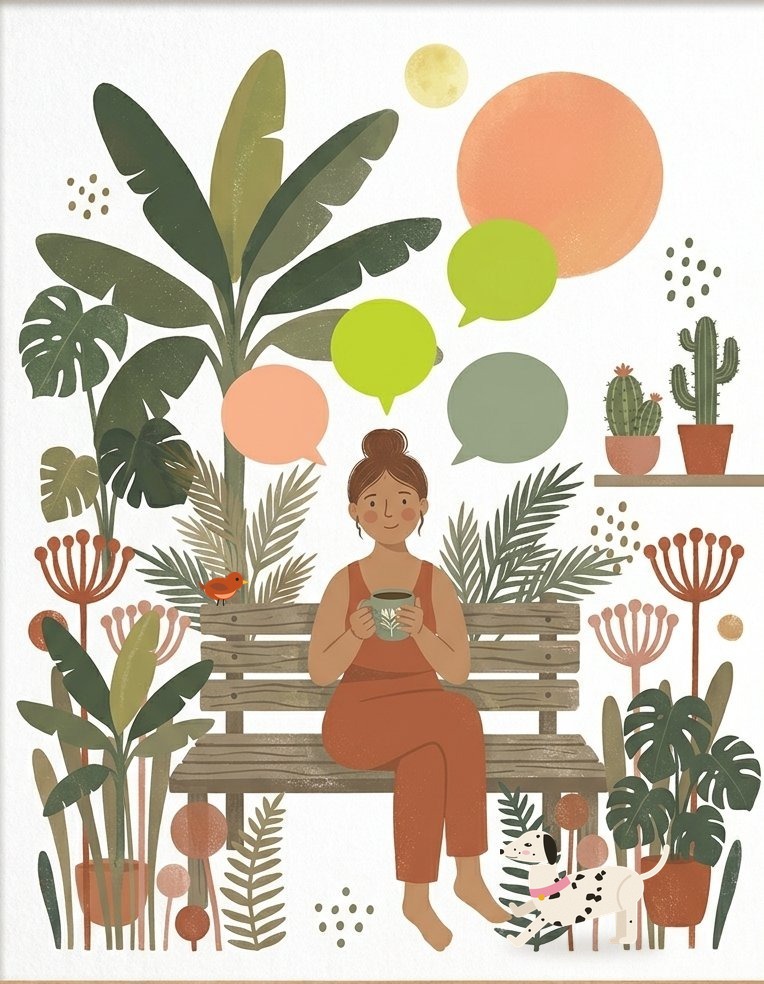 A business owner on a garden bench with a coffee and three speech bubbles above her