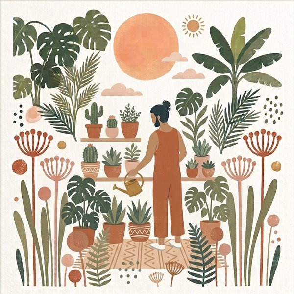A gardener watering a shelf of potted plants under a peach sun